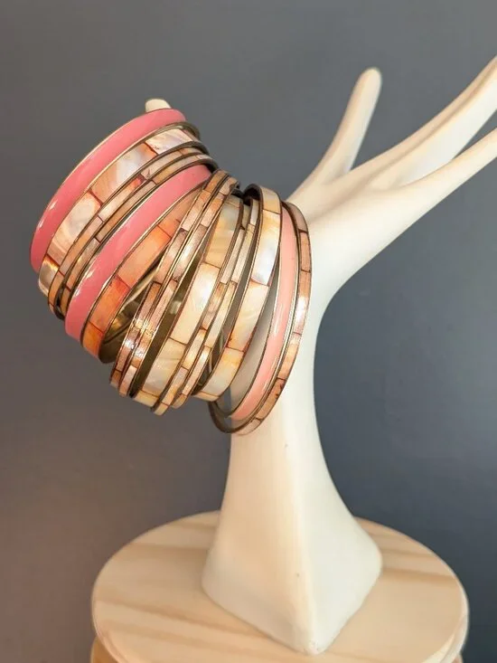 Bundle of orange toned paneled MOP bangles with coordinating enamel bangles - Picture 2 of 8